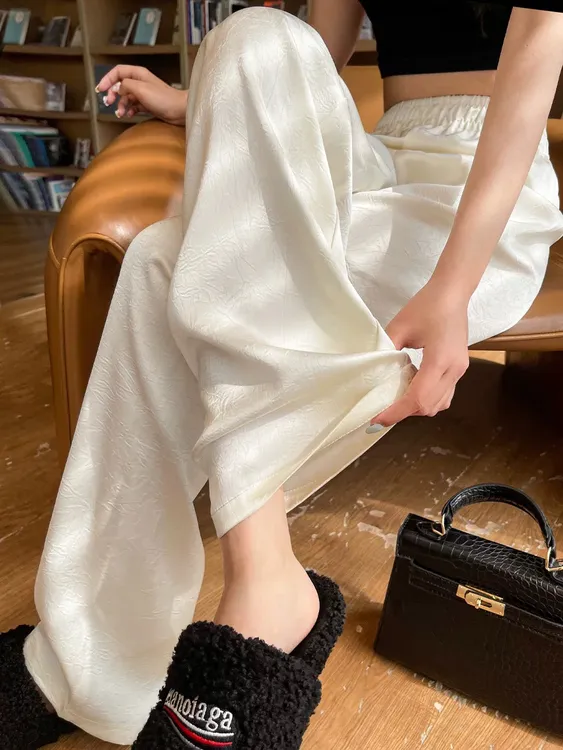 杏色醋酸缎面阔腿裤女2025新款爆款夏季薄款冰丝裤国风新中式裤子