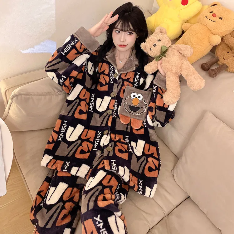 睡衣女款珊瑚绒秋冬季加绒加厚可爱卡通2025新款法兰绒保暖家居服