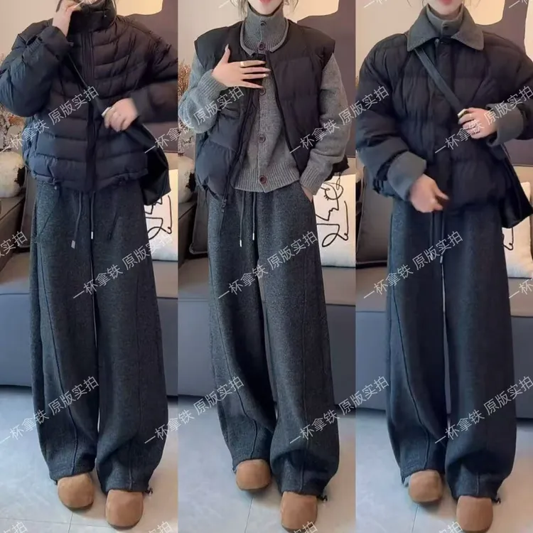 加绒羊毛呢阔腿裤女2025秋冬季新款休闲加厚慵懒香蕉卫裤子