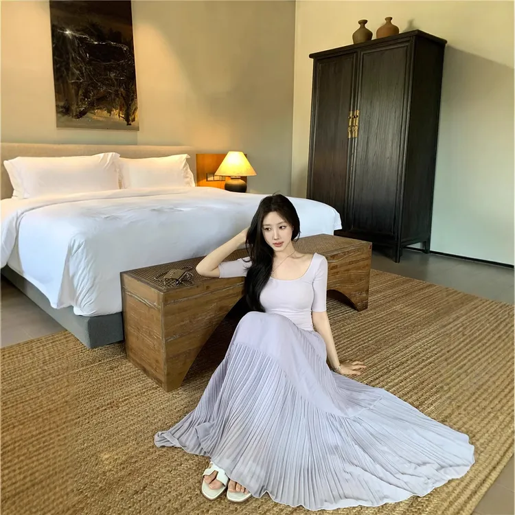 温柔风套装紫色修身短袖正肩T恤女夏季穿搭高腰半身裙长裙两件套