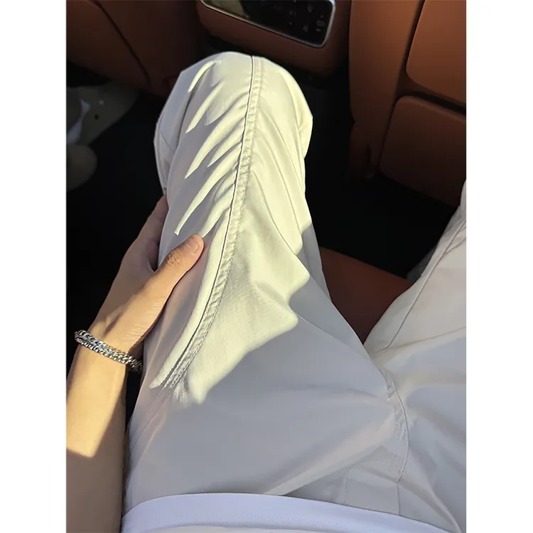 米白色斜切弯刀休闲男款夏季薄款美式高街vibe裤子ins潮牌直筒裤