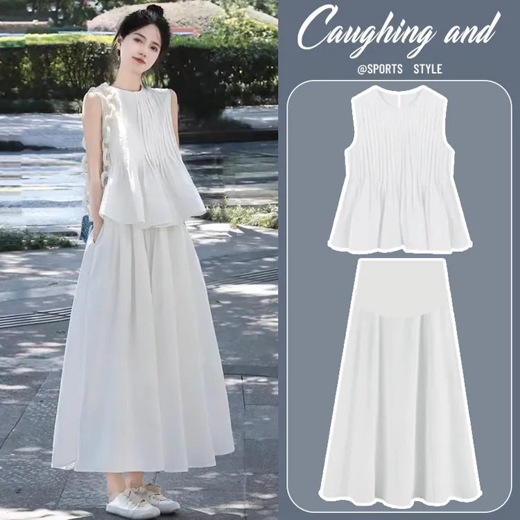 裙子爆款2025年夏季时尚小个子法式套装吊带感无袖上衣夏装两件套