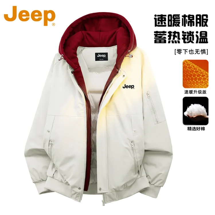 JEEP吉普美式潮牌假两件棉服男款冬季加厚保暖连帽冬装棉衣服外套