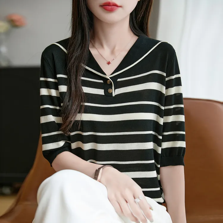 夏季新款海军领冰丝针织短袖女薄款宽松显瘦翻领条纹半袖T恤衫