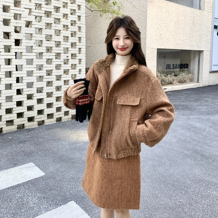 韩系复古羽绒内胆老钱风套装女冬季新款加厚保暖外套半身裙两件套