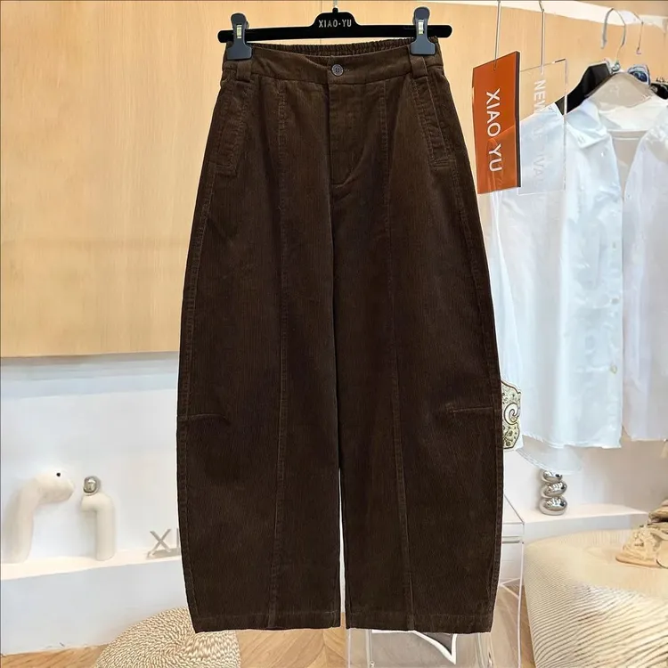 高端欧货秋冬新款复古时尚百搭松紧高腰显瘦灯芯绒直筒裤女弯刀裤