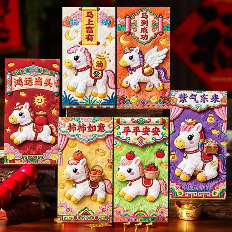 爆款2026马年新款仿平面刺绣卡通福马红包春节压岁拜年利是封