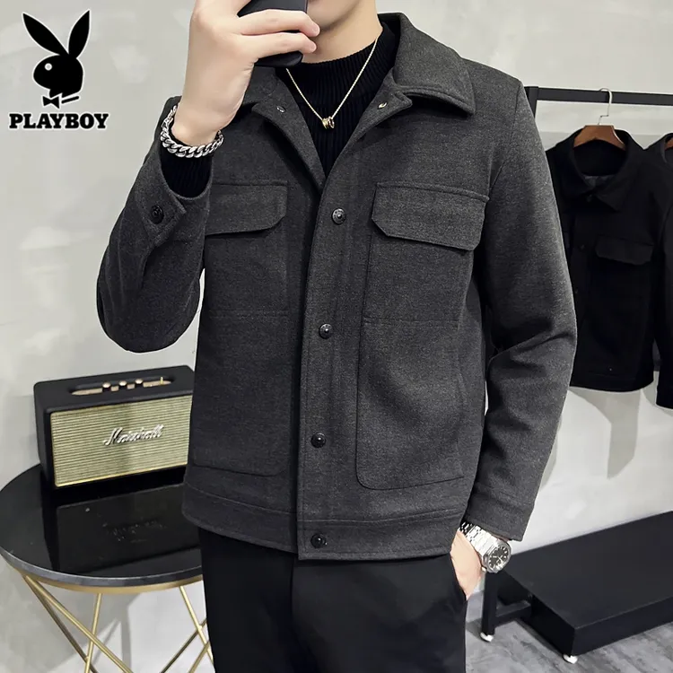 花花公子花花公子毛呢夹克男士秋季潮流高级感休闲翻领呢子外套男