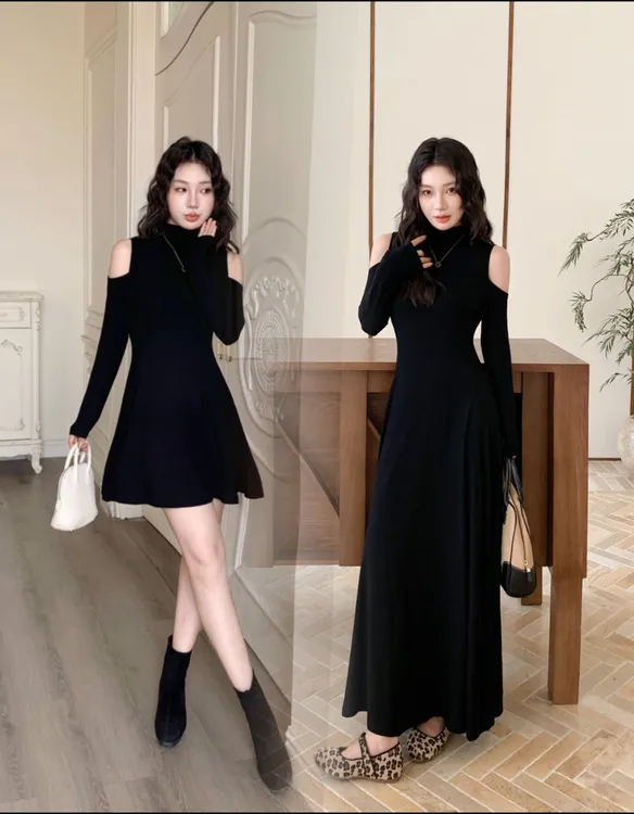 早秋设计感辣妹修身露肩长袖连衣裙女性感纯黑色半高领收腰显瘦A