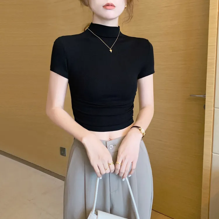 黑色短款半高领短袖t恤女夏 2025新款小个子纯棉紧身露脐高腰上衣