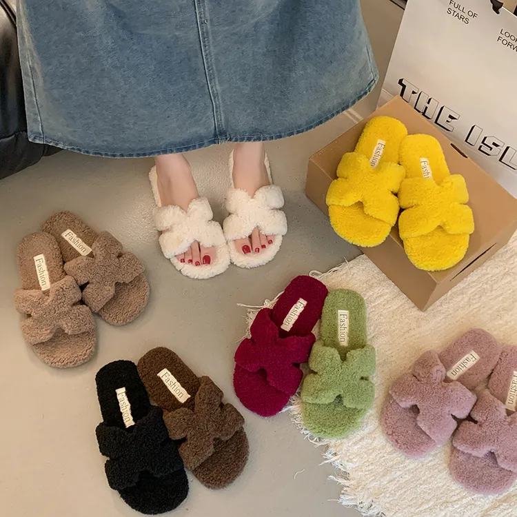 网红泰迪毛毛拖鞋女外穿2025秋新款毛茸茸棉拖平底保暖一字拖鞋