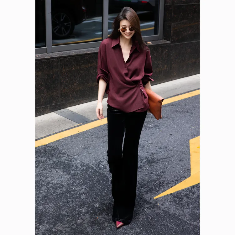 ZEROYK法式休闲长袖衬衫女2025秋季新款酒红色polo领宽松百搭上衣