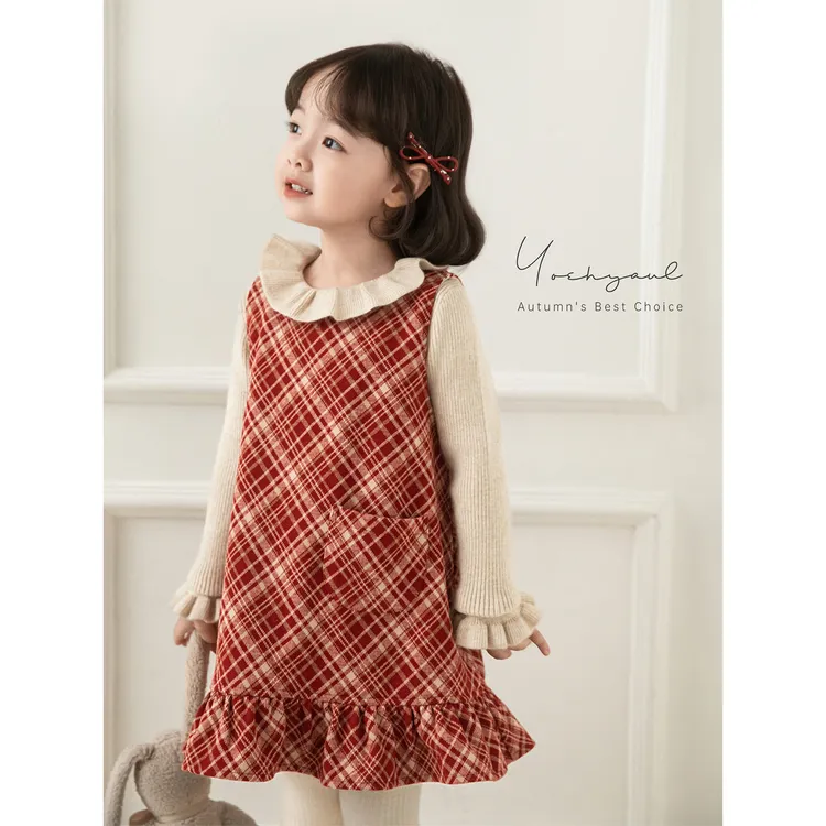 YOEHYAUL/幼悠【优雅氛围】冬伍波洋气红白格女童装汉服连衣裙D4429