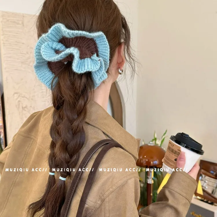 木子秋温柔撞色毛线针织大肠发圈高级感时髦洋气简约耐用百搭发饰
