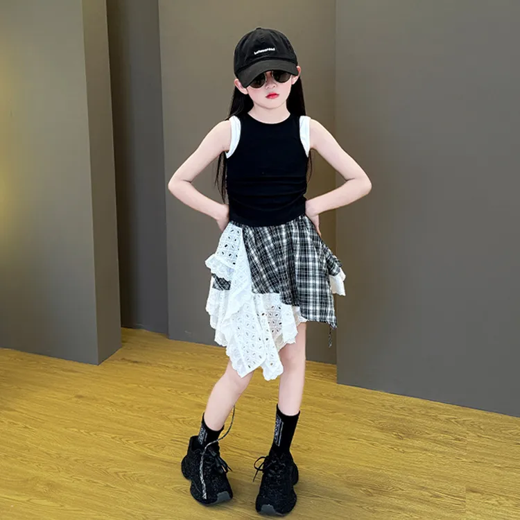 女童夏季2025夏款中大儿童洋气背心个性蕾丝不规则网红半身裙套装