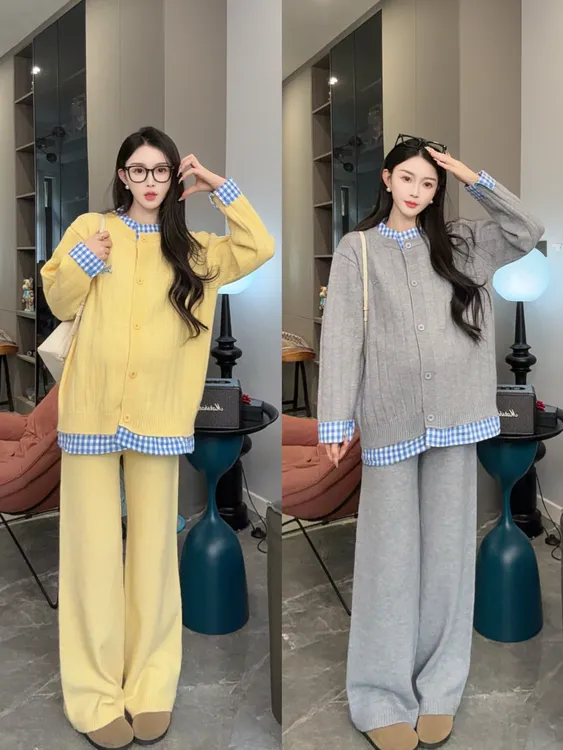 时尚孕妇秋冬新款宽松假两件格子衬衣拼接坑条刺绣毛衣阔腿裤套装