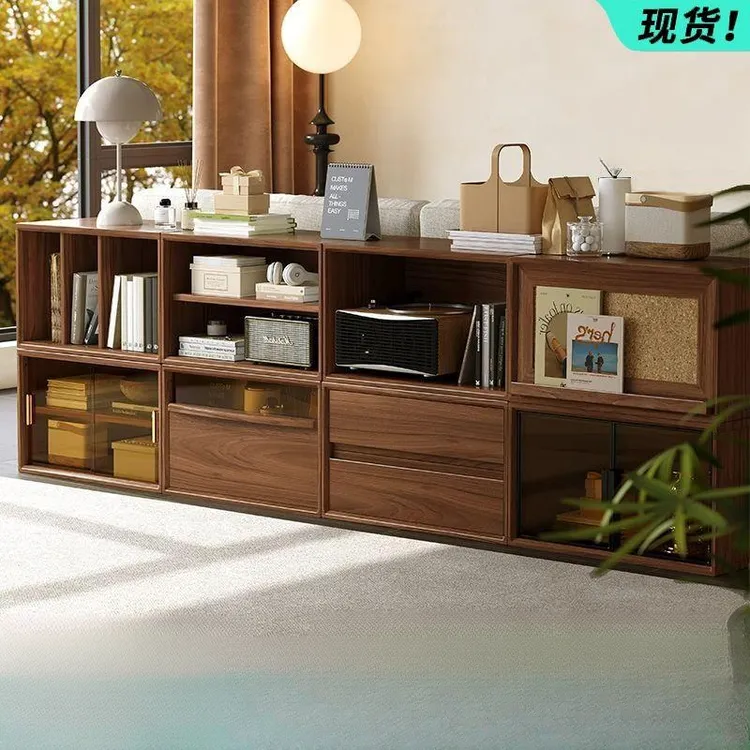 黑胡桃木书柜矮柜落地书架实木格子组合书柜模块边柜电视柜置物架