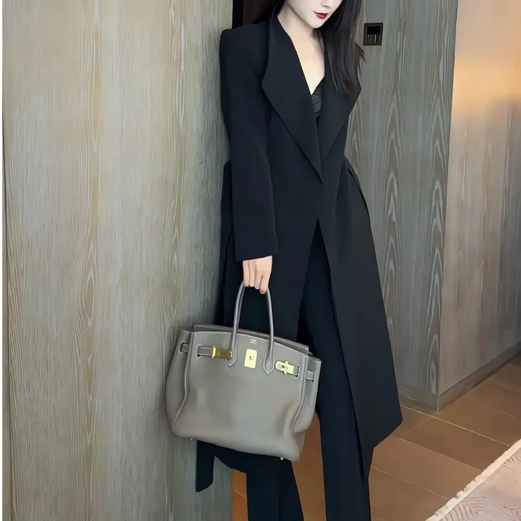大码黑色翻领风衣外套女中长款春秋季新款高级感显瘦百搭系带大衣