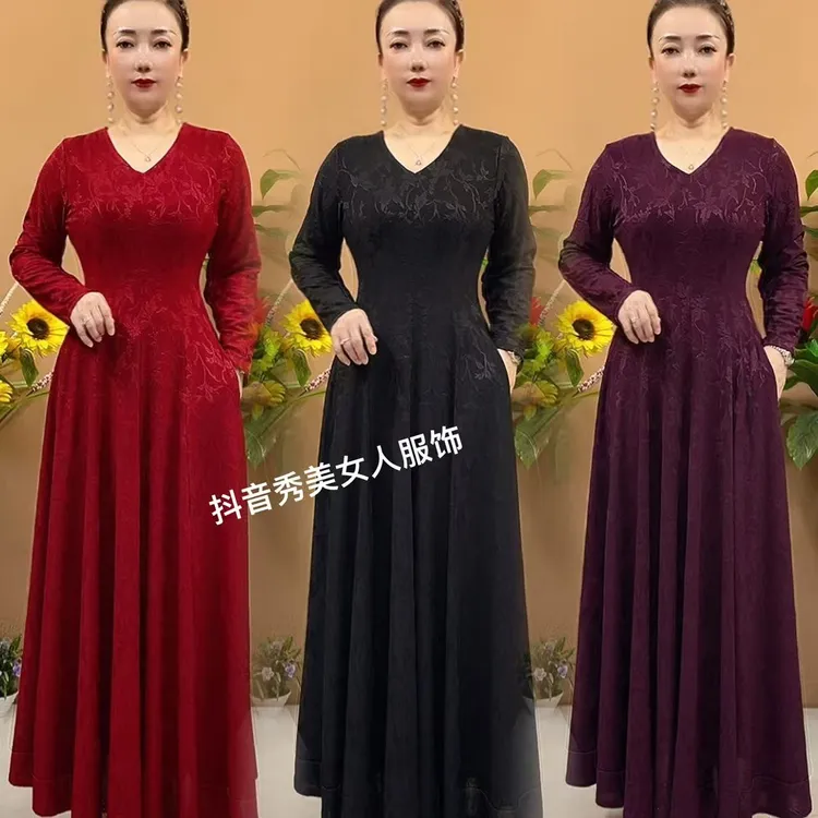 6616秋季新款提花纯色弹力大摆收腰显瘦有兜过膝大码中年妈妈长裙