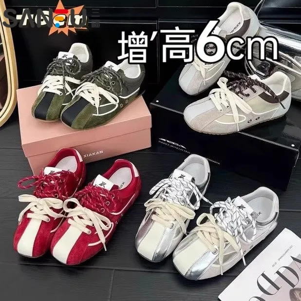 三福6cm内增高德训鞋女2025夏季新款双系带运动休闲鞋女阿甘板鞋