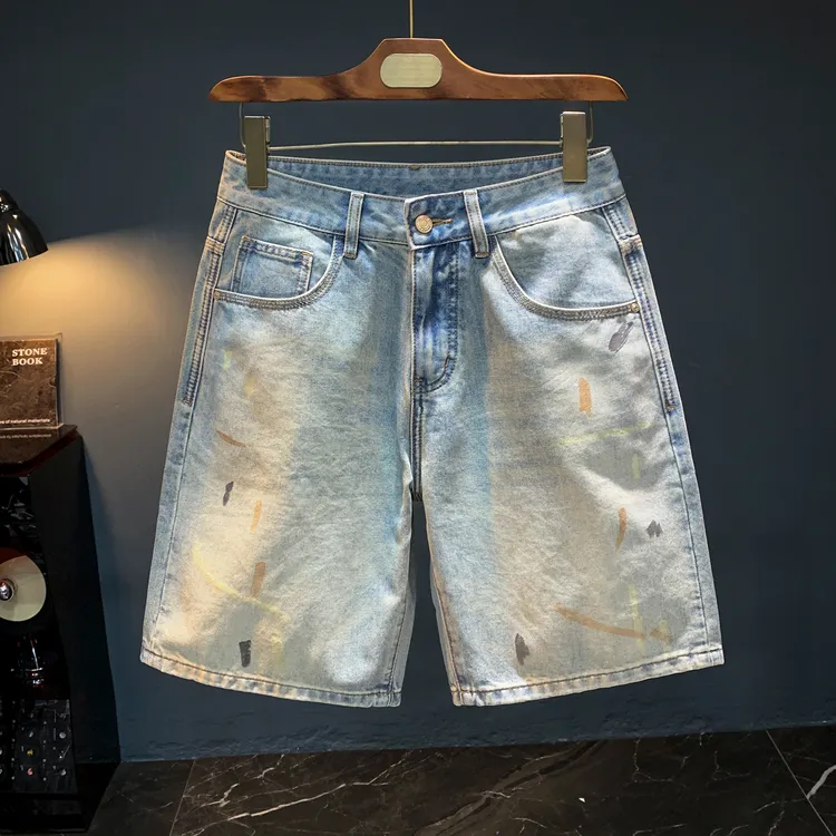 2025夏季薄款牛仔短裤男士浅蓝色复古直筒五分裤涂鸦痞帅百搭男裤