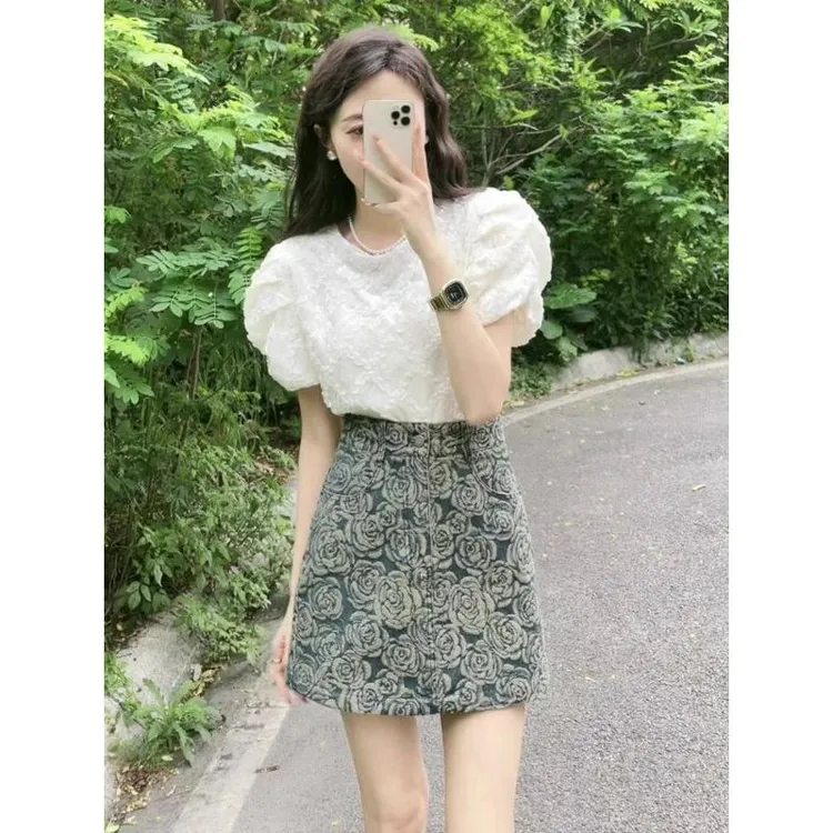 夏季新款泡泡袖上衣套装女气质温柔风显瘦修身印花半裙两件套