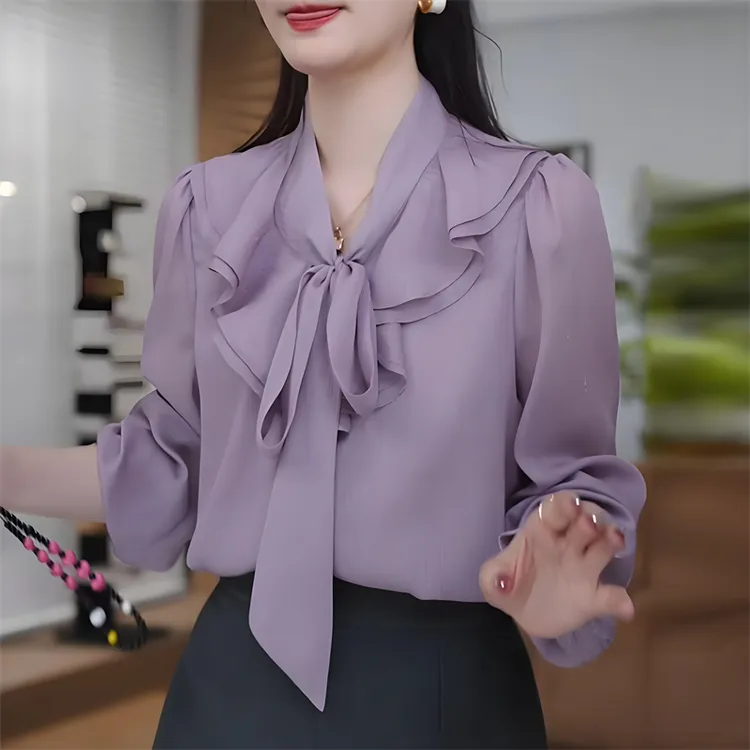 香芋紫气质荷叶领绑带长袖衬衫女2025秋季新款小众高级感减龄上衣