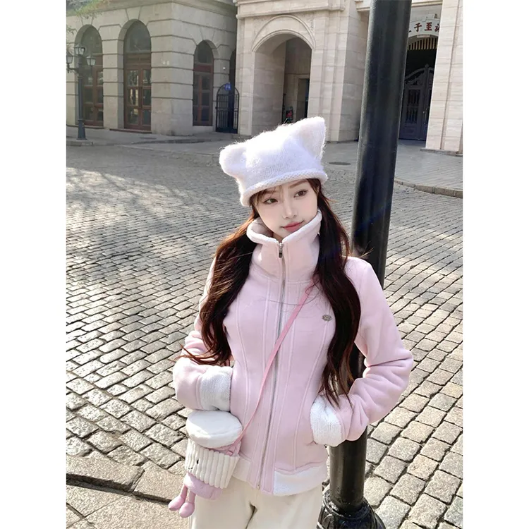 韩系巴恩风修身显瘦卫衣外套女高级感粉色甜美软糯保暖开衫上衣潮