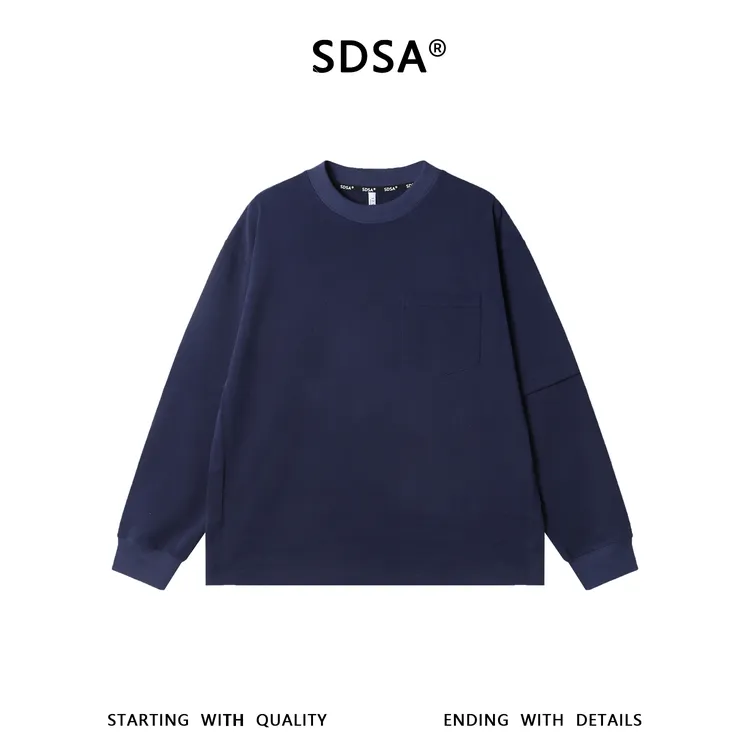 SDSA男士秋冬新款痞帅男装韩版简约纯色口袋拼接圆领长袖T恤百搭