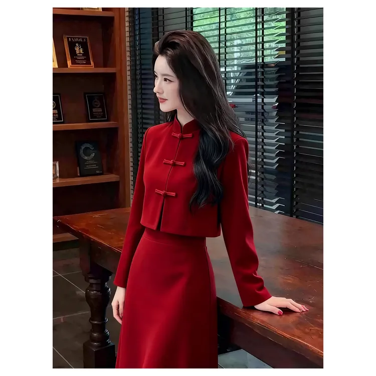 新中式红色2025秋冬新款国风复古外搭新年红开衫上衣半身裙两件套