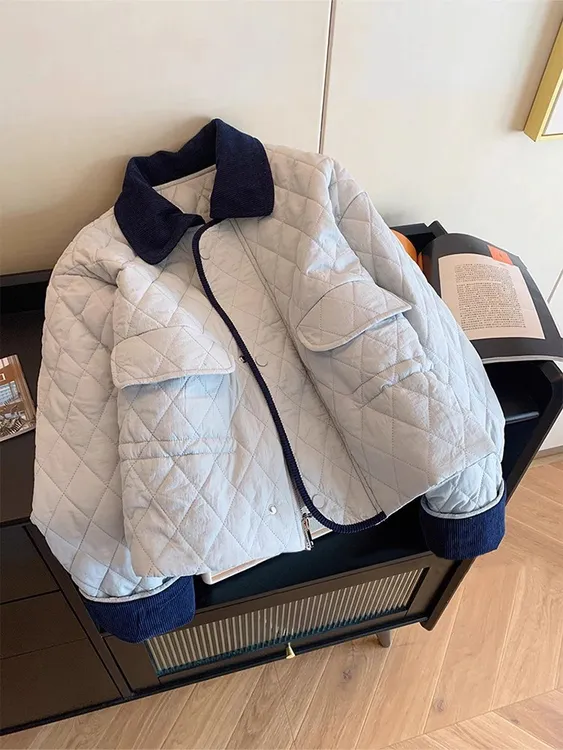 美式复古翻领菱格棉衣棉服女2025秋冬设计感时尚气质百搭夹棉外套