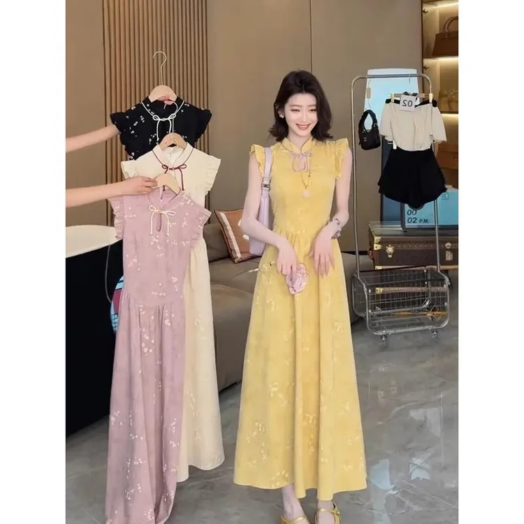 新中式国风改良旗袍领小飞袖连衣裙女夏季新款流行大方得体的裙子