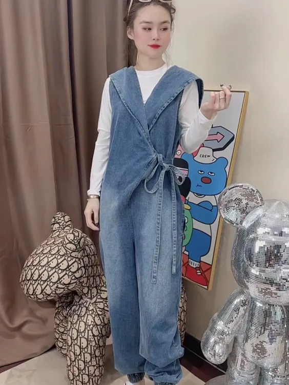 4921春新款休闲时尚系带背带裤遮肉显瘦设计感洋气百搭一体九分裤