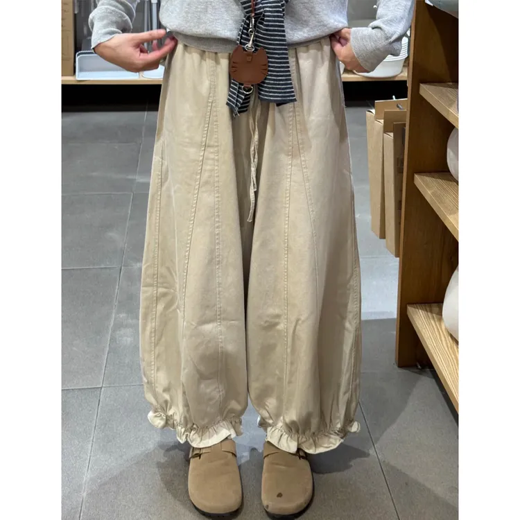 咖色九分花苞灯笼裤女秋新款胖妹妹mm宽松显瘦工装阔腿气球休闲裤