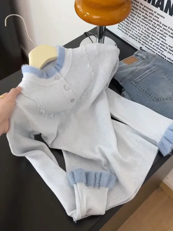 韩系立领长袖针织衫女秋冬季新款甜美荷叶边气质修身显瘦套头上衣