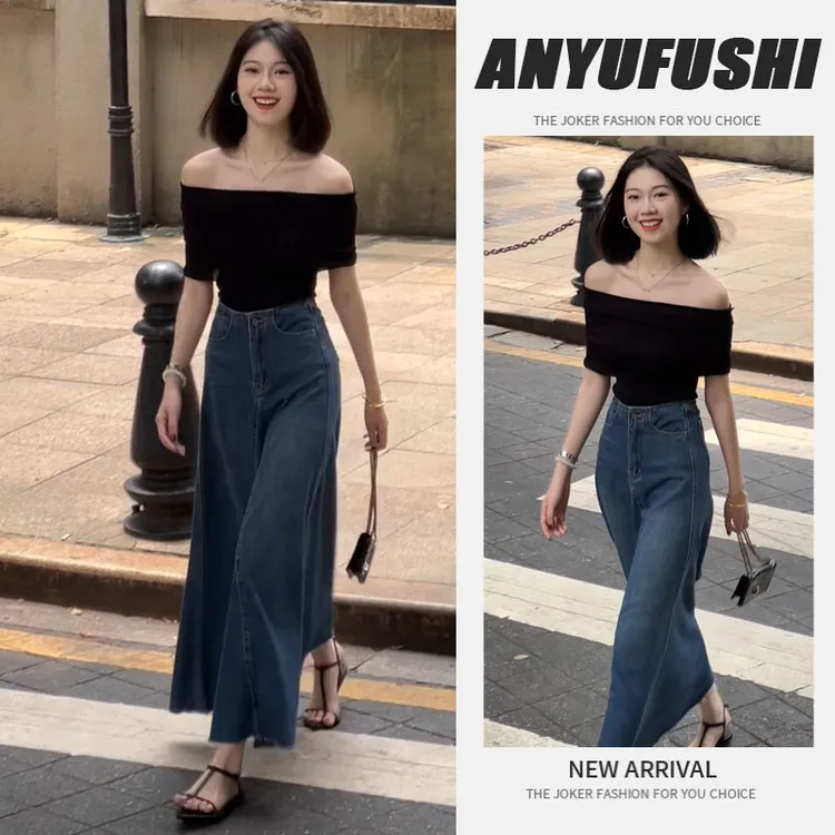 夏季穿搭一整套2025新款韩系气质一字肩上衣复古牛仔半身裙两件套