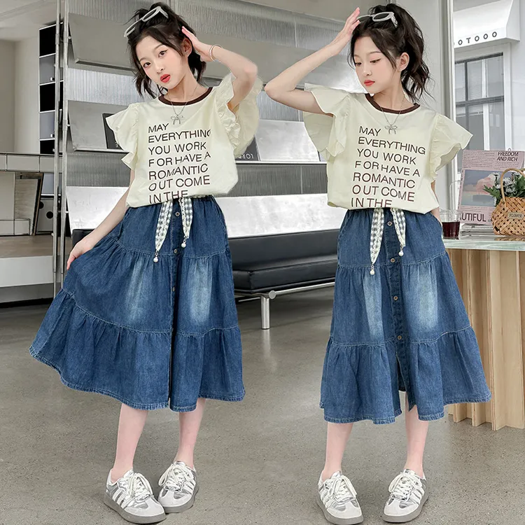 女童牛仔裙套装夏季2025新款洋气中大童小飞袖上衣牛仔半身裙爆款