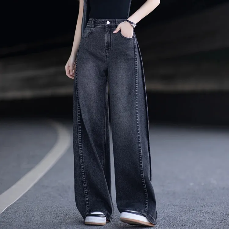 黑灰色高腰牛仔裤女2025秋季新款今年流行的宽松直筒裤弯刀阔腿裤