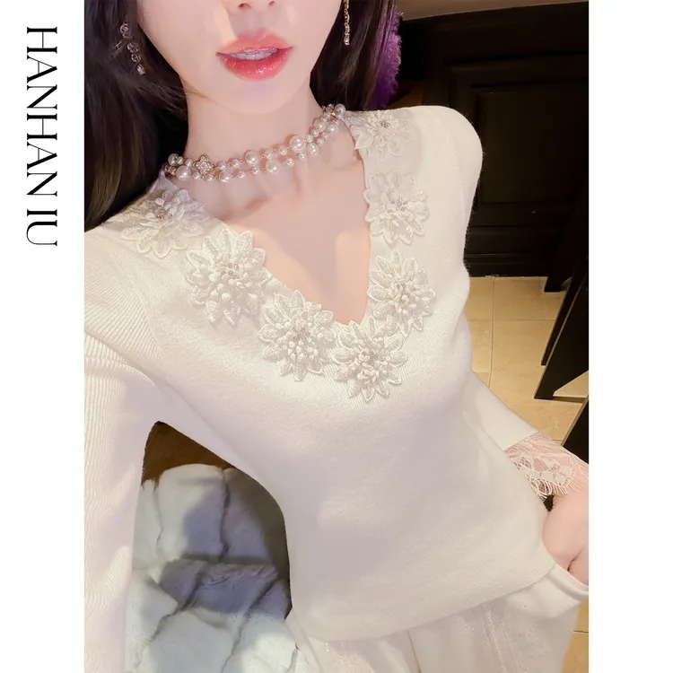 韩韩IU【雪念花开】抗起球工艺手工立体花朵女士秋冬款修身V领毛衫