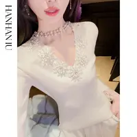 韩韩IU【雪念花开】抗起球工艺手工立体花朵女士秋冬款修身V领毛衫