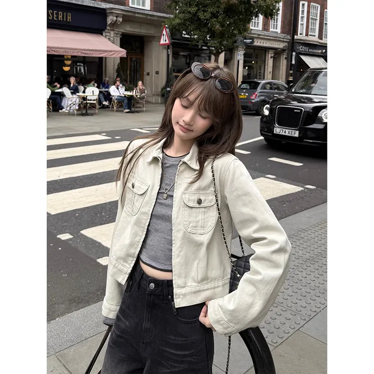 美式复古水洗做旧牛仔外套女秋季新款宽松休闲双口袋拉链短款夹克
