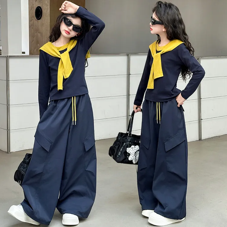 女童秋季工装裤套装女大童休闲秋装时髦披肩卫衣潮酷穿搭两件套潮