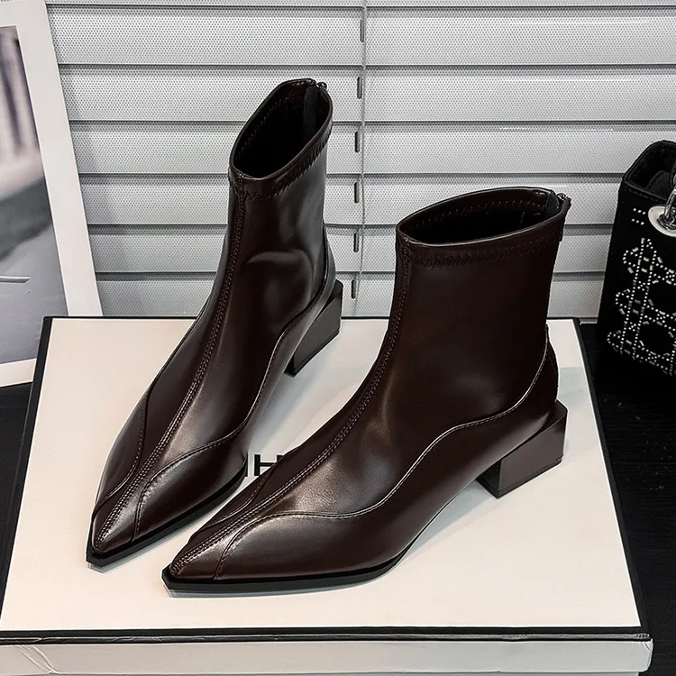 爆款尖头低跟切尔西靴2025年新款羊皮瘦瘦靴中帮明星同款百搭鞋子