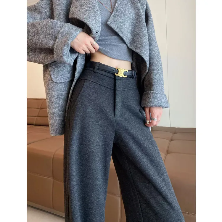 灰色毛呢阔腿裤女秋冬2025加绒加厚高腰垂感窄版糯米直筒西装长裤