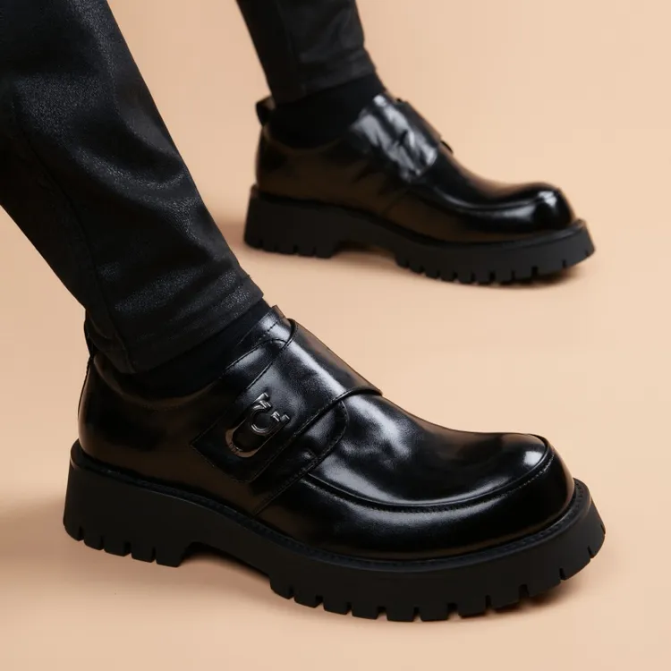 新款高端商务正装皮鞋男士厚底搭扣韩版英伦风青年百搭圆头德比鞋