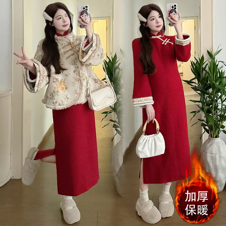 孕妇套装秋冬新款复古绣花改良旗袍孕妇连衣裙新中式提花加绒外套