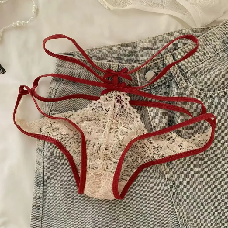日系轻奢高档女士性感蕾丝内裤网红爆款绑带镂空心机蝴蝶结三角裤