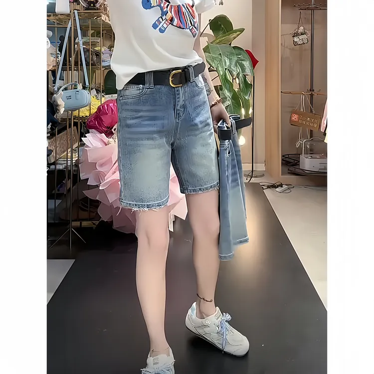 时尚高腰显瘦直筒牛仔短裤女夏季新款大码印花米奇宽松百搭四分裤