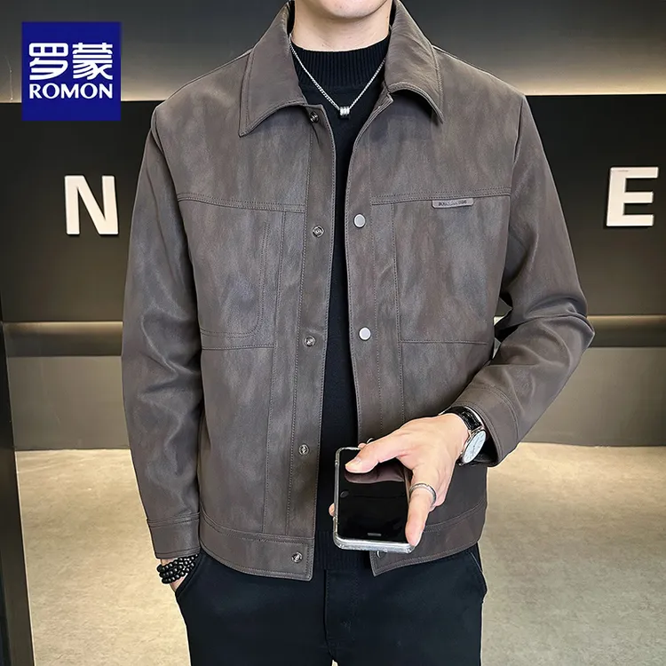 罗蒙新款男士翻领夹克修身短款潮春秋款上衣潮流百搭痞帅皮衣外套