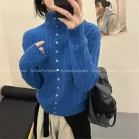 【克莱因蓝】高领麻花单排扣宽松显瘦软糯针织开衫